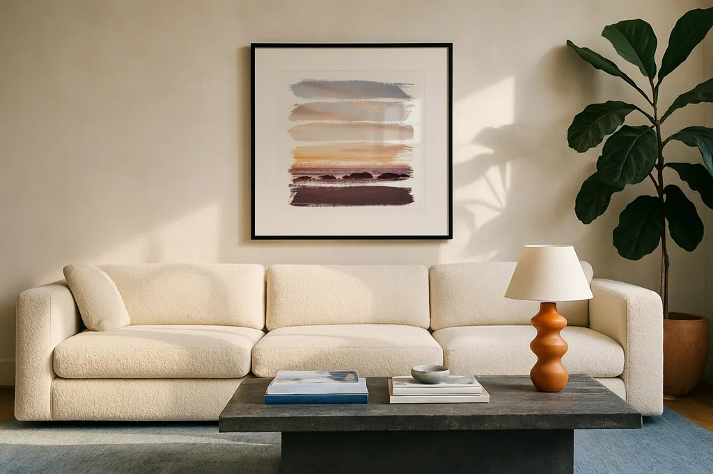 Sunset Stripes IV by Laura Marshall. Displayed in a glass frame with matte in a clean modern living room. Available as an archival giclee rolled canvas, fine art paper, or poster print. SKU 47191a.
