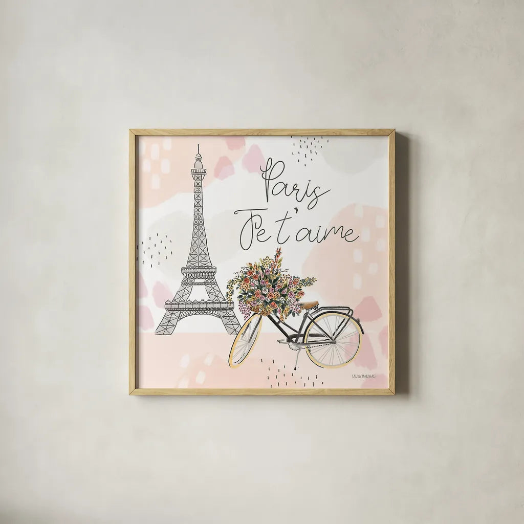 Sweet Paris II by Laura Marshall. Shown in a natural wood glass frame for a timeless modern aesthetic. Available as an archival giclee rolled canvas, fine art paper, or poster print. SKU 48941a.