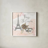 Sweet Paris II by Laura Marshall. Shown in a crisp white glass frame for a clean and minimalist style. Available as an archival giclee rolled canvas, fine art paper, or poster print. SKU 48941a.