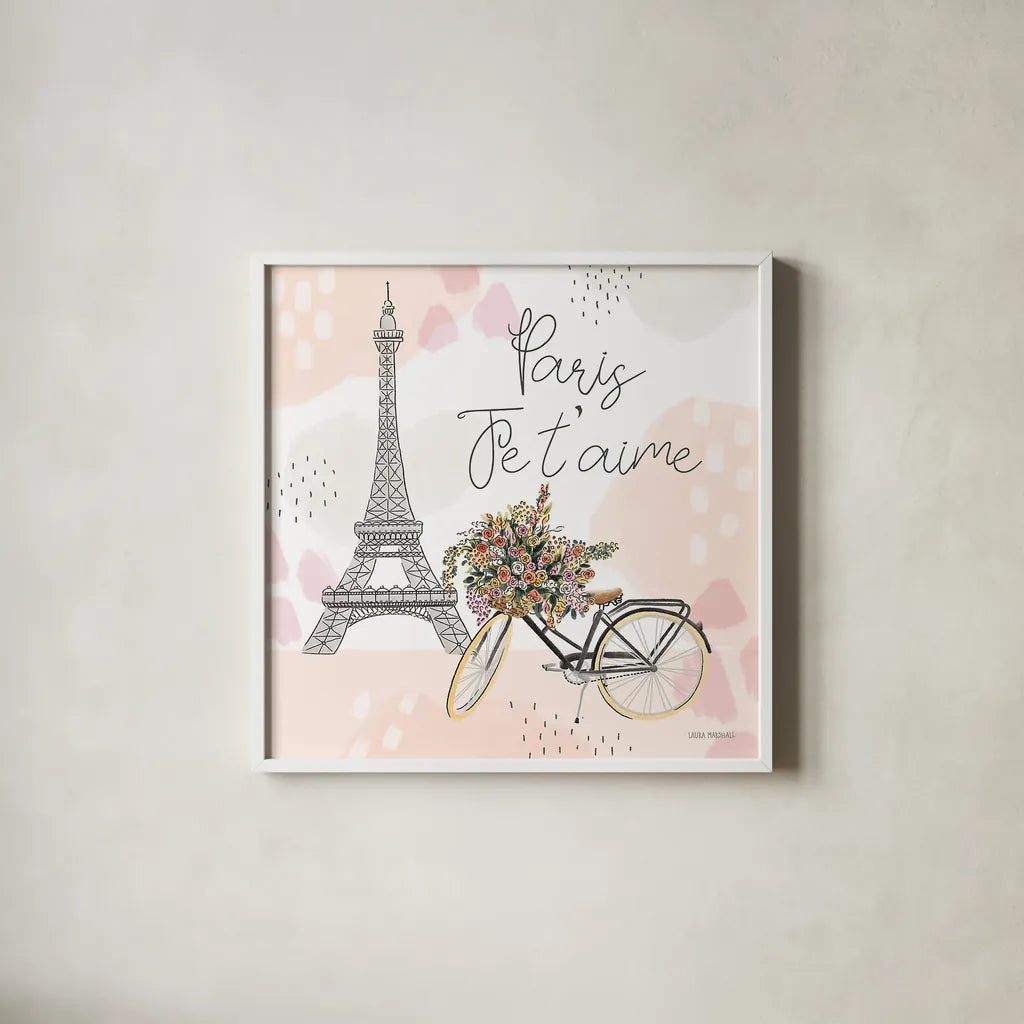 Sweet Paris II by Laura Marshall. Shown in a crisp white glass frame for a clean and minimalist style. Available as an archival giclee rolled canvas, fine art paper, or poster print. SKU 48941a.