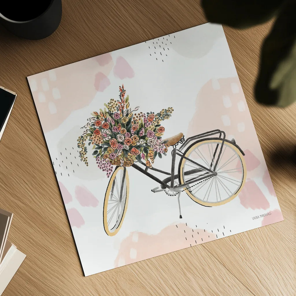 Sweet Paris II Bike by Laura Marshall. Shown as a detailed flat fine art print, highlighting archival giclee quality. Available as an archival giclee rolled canvas, fine art paper, or poster print. SKU 52772a.