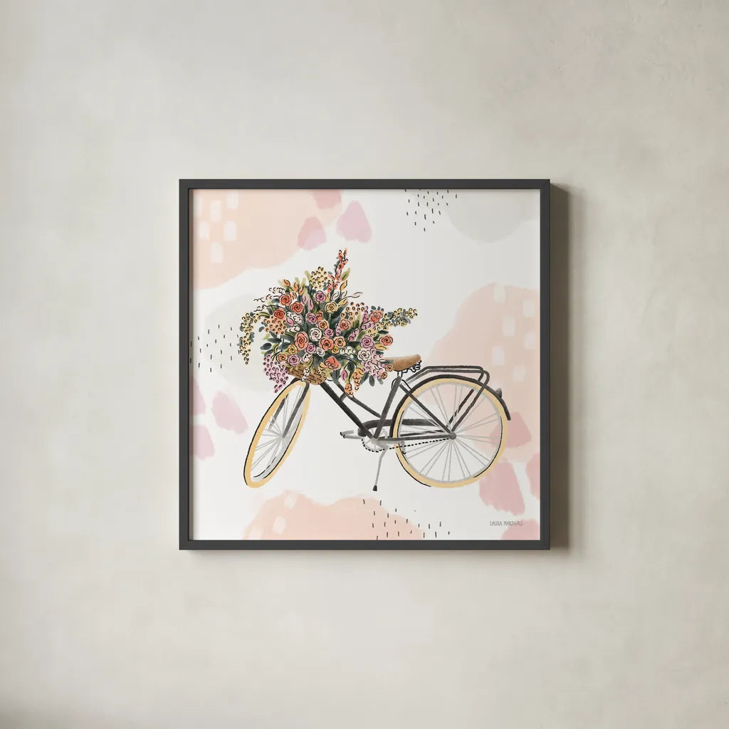 Sweet Paris II Bike by Laura Marshall. Shown in a sleek black glass frame for a contemporary gallery look. Available as an archival giclee rolled canvas, fine art paper, or poster print. SKU 52772a.