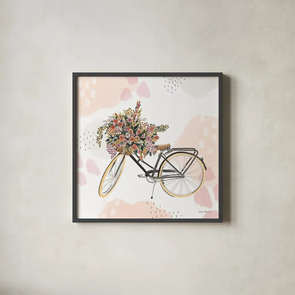 Sweet Paris II Bike by Laura Marshall. Shown in a sleek black glass frame for a contemporary gallery look. Available as an archival giclee rolled canvas, fine art paper, or poster print. SKU 52772a.