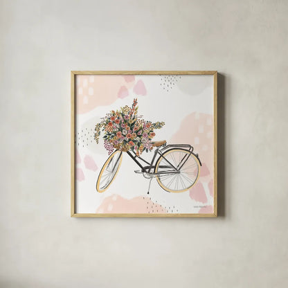 Sweet Paris II Bike by Laura Marshall. Shown in a natural wood glass frame for a timeless modern aesthetic. Available as an archival giclee rolled canvas, fine art paper, or poster print. SKU 52772a.