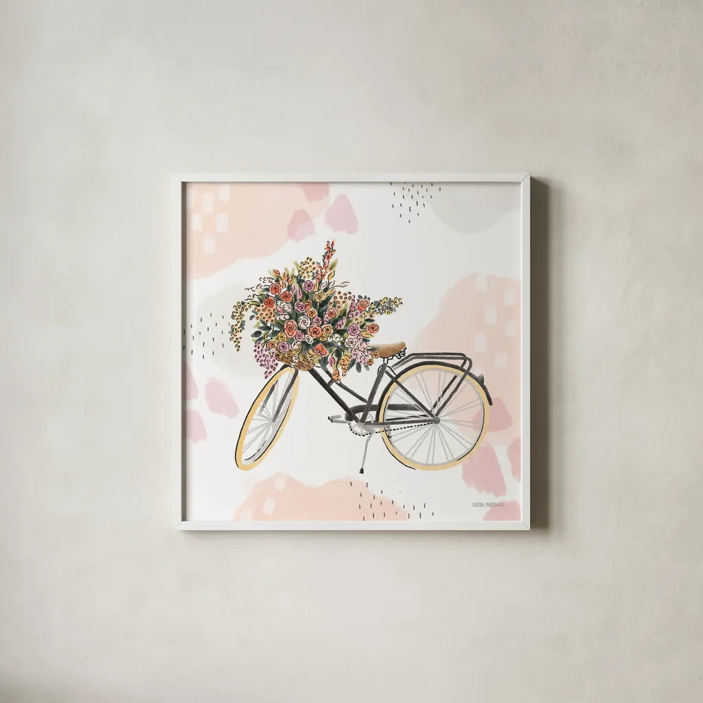 Sweet Paris II Bike by Laura Marshall. Shown in a crisp white glass frame for a clean and minimalist style. Available as an archival giclee rolled canvas, fine art paper, or poster print. SKU 52772a.