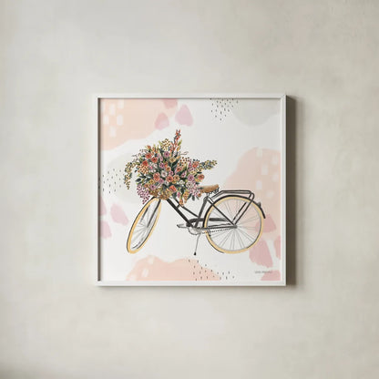 Sweet Paris II Bike by Laura Marshall. Shown in a crisp white glass frame for a clean and minimalist style. Available as an archival giclee rolled canvas, fine art paper, or poster print. SKU 52772a.