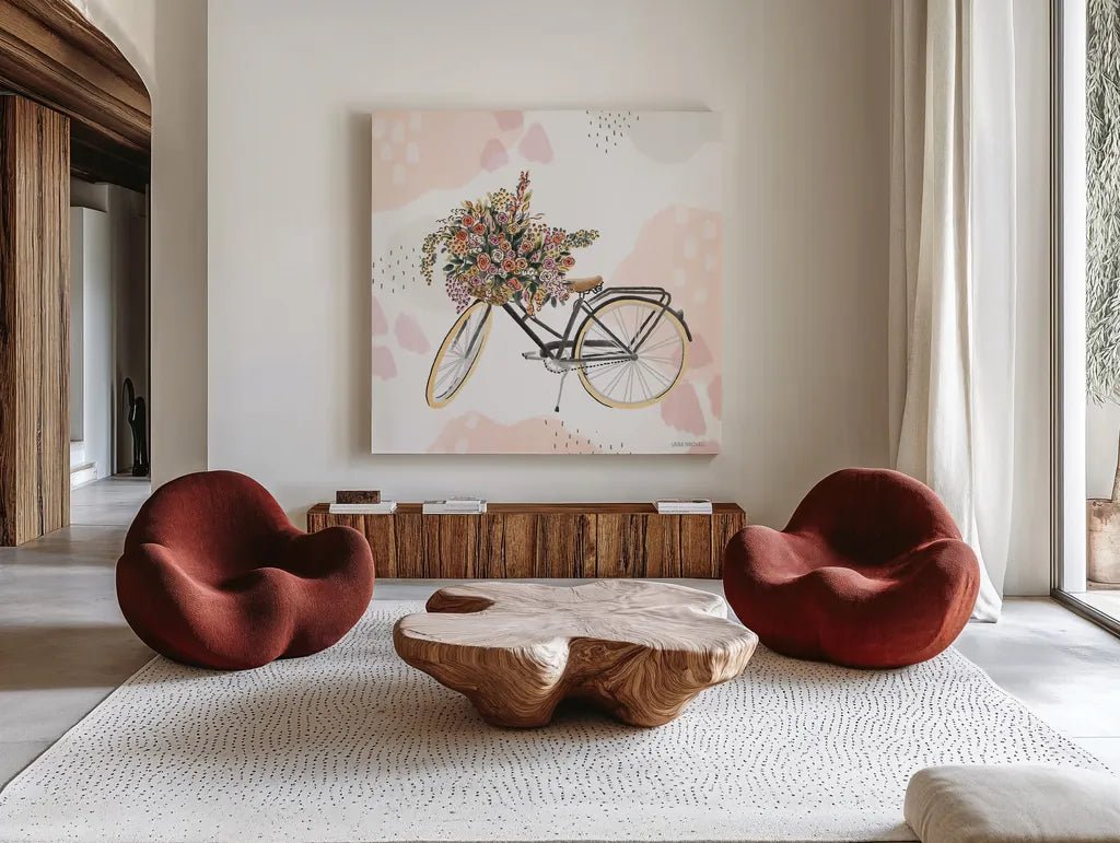 Sweet Paris II Bike by Laura Marshall. Shown as extra-large giant wall art in a modern living room. Available as an archival giclee rolled canvas, fine art paper, or poster print. SKU 52772a.