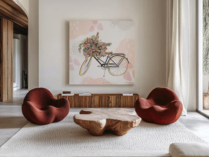 Sweet Paris II Bike by Laura Marshall. Shown as extra-large giant wall art in a modern living room. Available as an archival giclee rolled canvas, fine art paper, or poster print. SKU 52772a.
