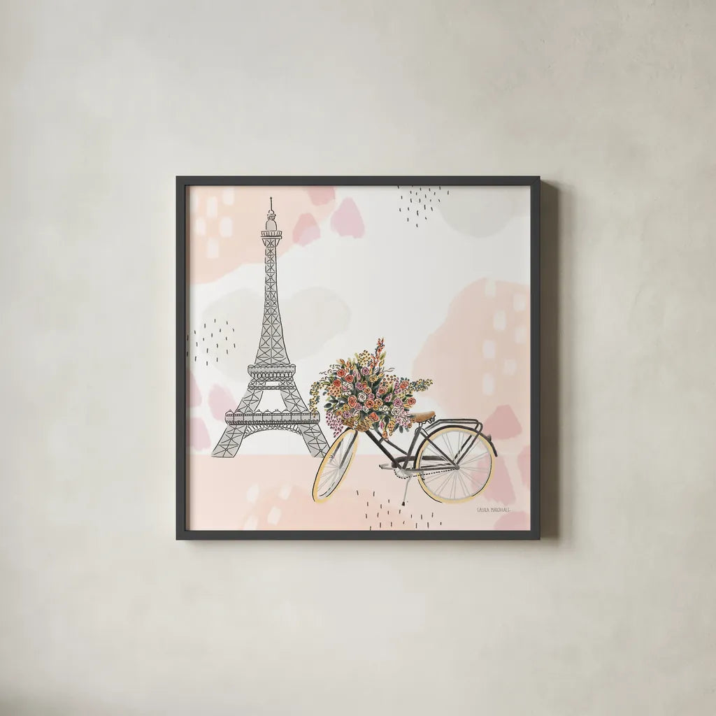 Sweet Paris II No Words by Laura Marshall. Shown in a sleek black glass frame for a contemporary gallery look. Available as an archival giclee rolled canvas, fine art paper, or poster print. SKU 62406a.