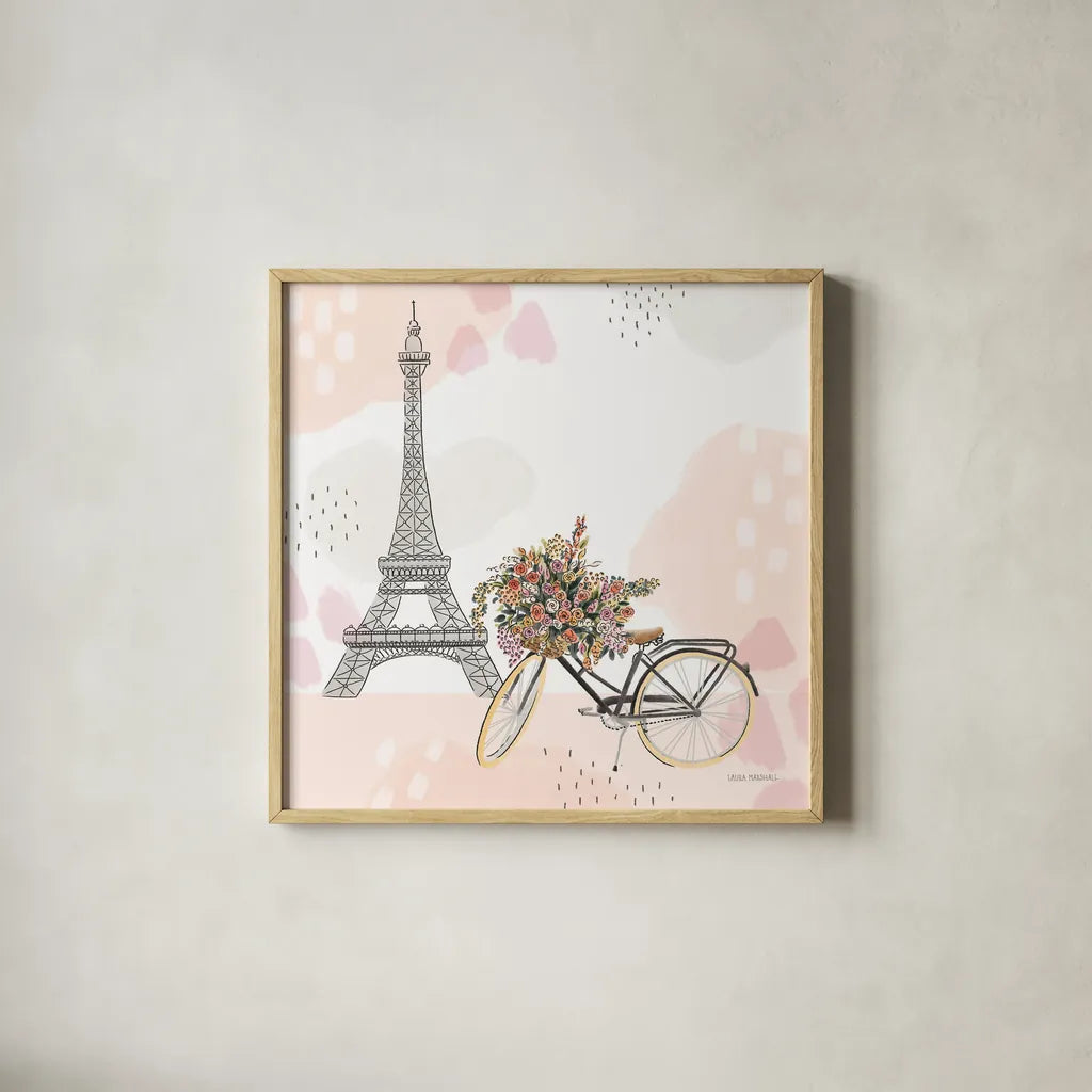 Sweet Paris II No Words by Laura Marshall. Shown in a natural wood glass frame for a timeless modern aesthetic. Available as an archival giclee rolled canvas, fine art paper, or poster print. SKU 62406a.