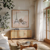 Sweet Paris II No Words by Laura Marshall. Shown in a natural wood frame in a cozy modern living room. Available as an archival giclee rolled canvas, fine art paper, or poster print. SKU 62406a.
