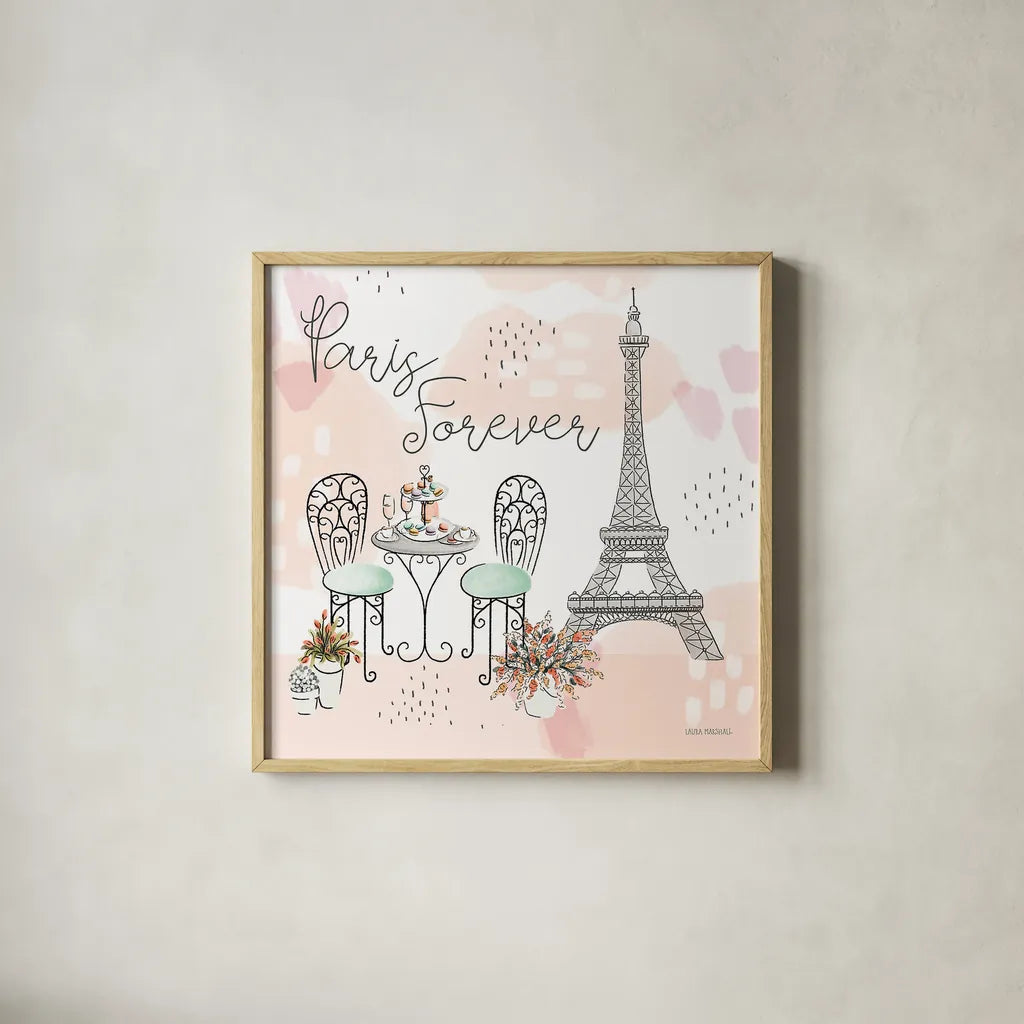 Sweet Paris III by Laura Marshall. Shown in a natural wood glass frame for a timeless modern aesthetic. Available as an archival giclee rolled canvas, fine art paper, or poster print. SKU 48942a.
