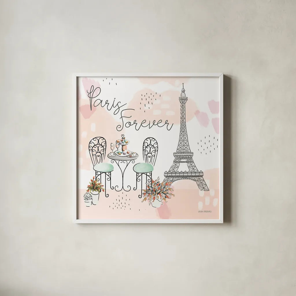 Sweet Paris III by Laura Marshall. Shown in a crisp white glass frame for a clean and minimalist style. Available as an archival giclee rolled canvas, fine art paper, or poster print. SKU 48942a.