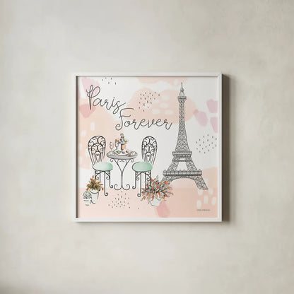 Sweet Paris III by Laura Marshall. Shown in a crisp white glass frame for a clean and minimalist style. Available as an archival giclee rolled canvas, fine art paper, or poster print. SKU 48942a.