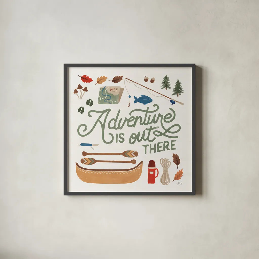 Take a Hike IV by Laura Marshall. Shown in a sleek black glass frame for a contemporary gallery look. Available as an archival giclee rolled canvas, fine art paper, or poster print. SKU 63709a.