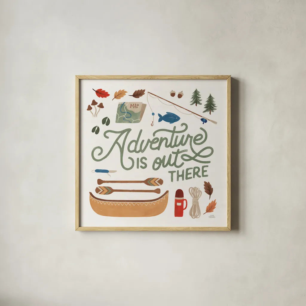 Take a Hike IV by Laura Marshall. Shown in a natural wood glass frame for a timeless modern aesthetic. Available as an archival giclee rolled canvas, fine art paper, or poster print. SKU 63709a.