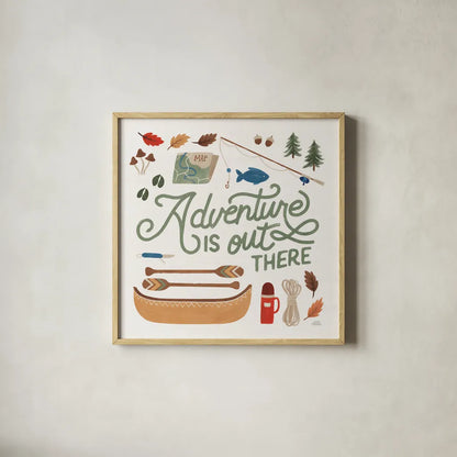 Take a Hike IV by Laura Marshall. Shown in a natural wood glass frame for a timeless modern aesthetic. Available as an archival giclee rolled canvas, fine art paper, or poster print. SKU 63709a.