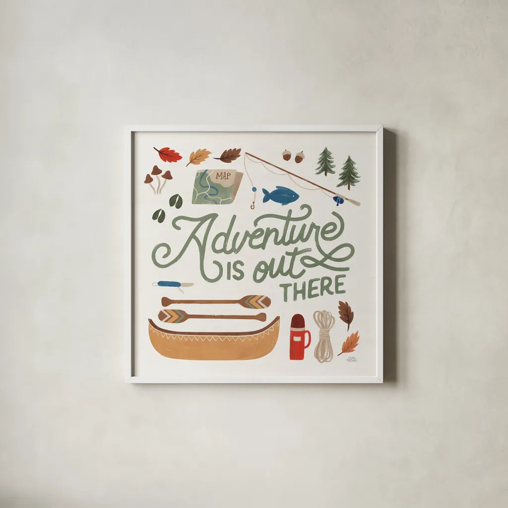 Take a Hike IV by Laura Marshall. Shown in a crisp white glass frame for a clean and minimalist style. Available as an archival giclee rolled canvas, fine art paper, or poster print. SKU 63709a.