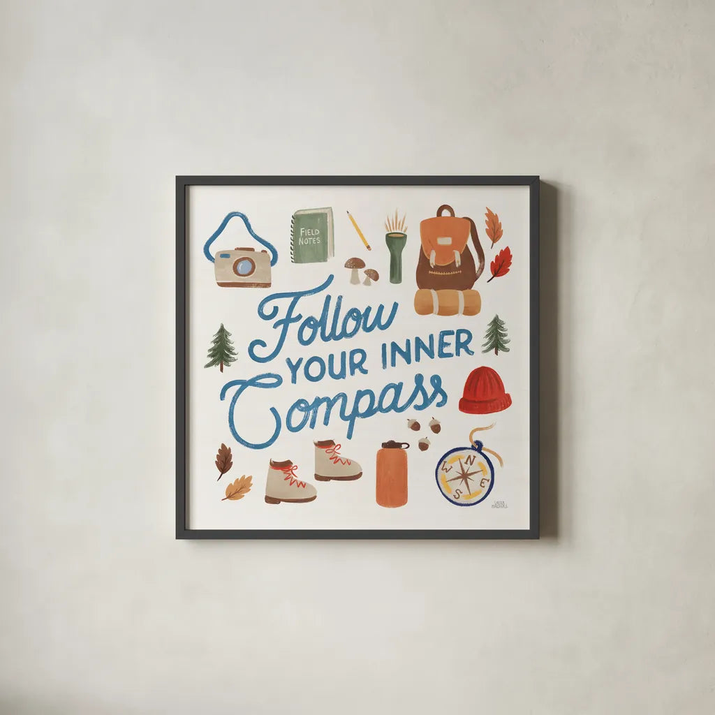 Take a Hike V by Laura Marshall. Shown in a sleek black glass frame for a contemporary gallery look. Available as an archival giclee rolled canvas, fine art paper, or poster print. SKU 63710a.