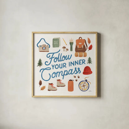 Take a Hike V by Laura Marshall. Shown in a natural wood glass frame for a timeless modern aesthetic. Available as an archival giclee rolled canvas, fine art paper, or poster print. SKU 63710a.