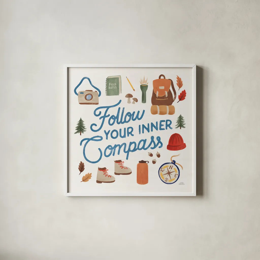 Take a Hike V by Laura Marshall. Shown in a crisp white glass frame for a clean and minimalist style. Available as an archival giclee rolled canvas, fine art paper, or poster print. SKU 63710a.