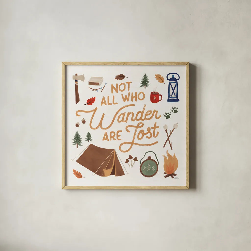 Take a Hike VI by Laura Marshall. Shown in a natural wood glass frame for a timeless modern aesthetic. Available as an archival giclee rolled canvas, fine art paper, or poster print. SKU 63711a.