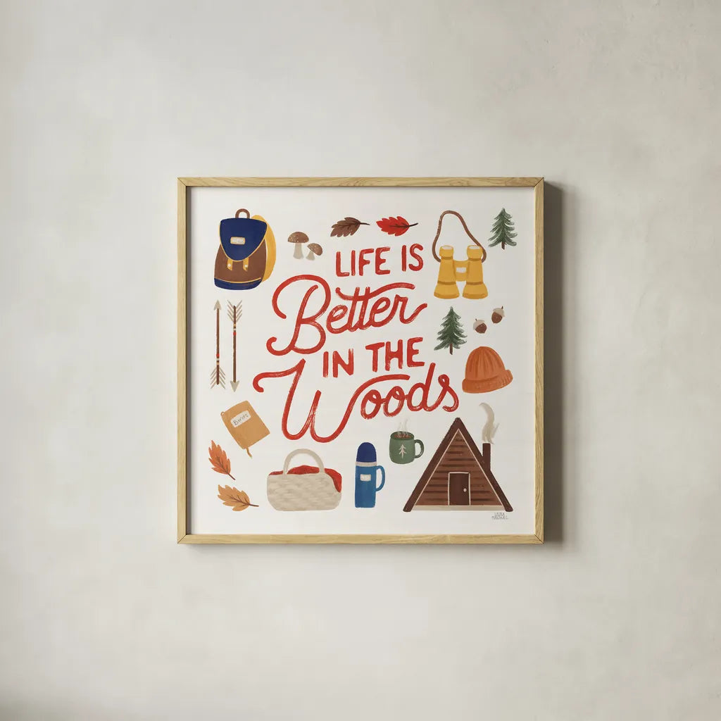 Take a Hike VII by Laura Marshall. Shown in a natural wood glass frame for a timeless modern aesthetic. Available as an archival giclee rolled canvas, fine art paper, or poster print. SKU 63712a.