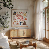 Take a Hike VII by Laura Marshall. Shown in a natural wood frame in a cozy modern living room. Available as an archival giclee rolled canvas, fine art paper, or poster print. SKU 63712a.