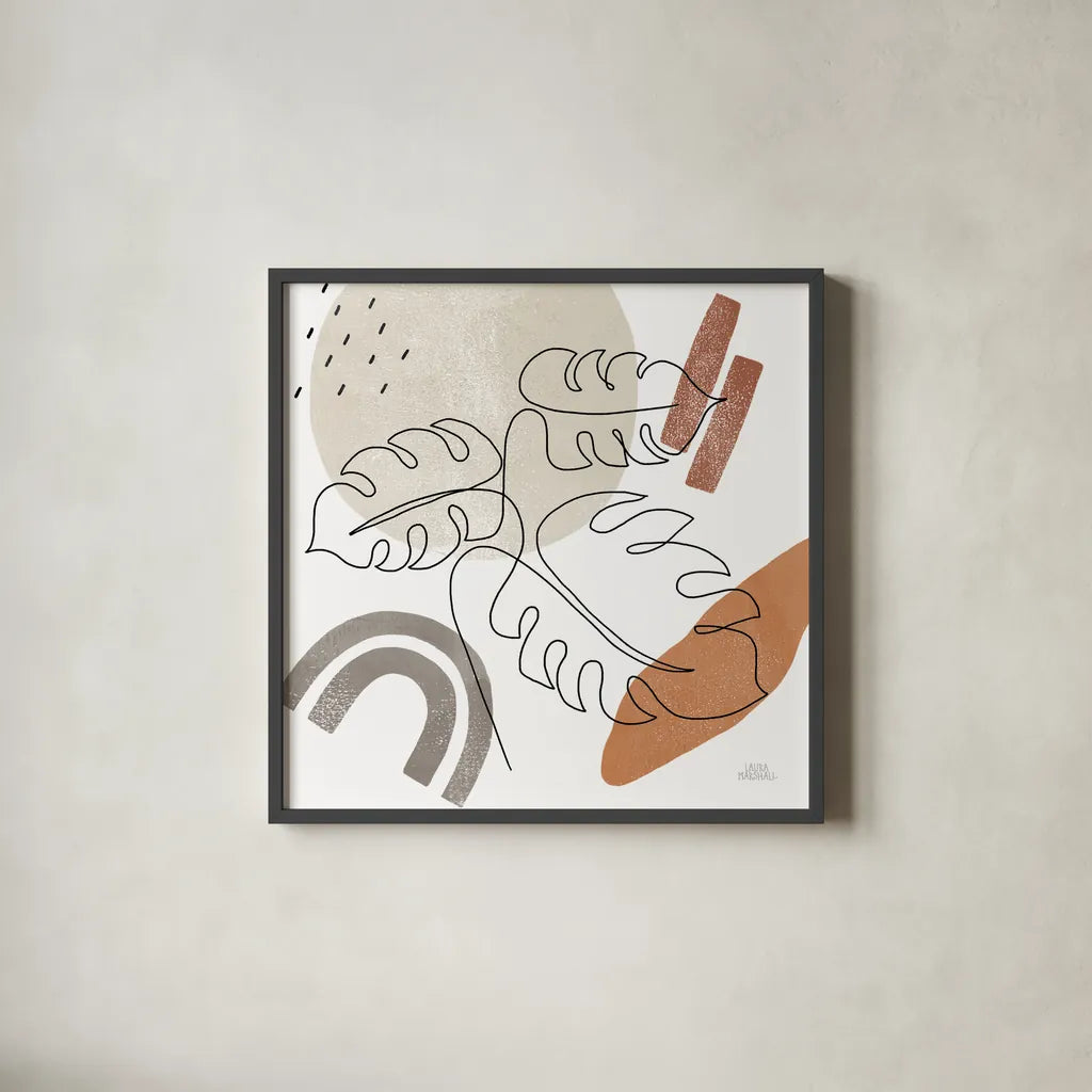 Terracotta Tropics I by Laura Marshall. Shown in a sleek black glass frame for a contemporary gallery look. Available as an archival giclee rolled canvas, fine art paper, or poster print. SKU 56530a.