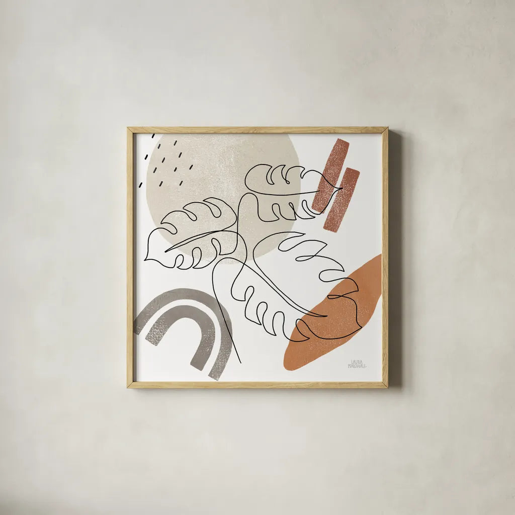 Terracotta Tropics I by Laura Marshall. Shown in a natural wood glass frame for a timeless modern aesthetic. Available as an archival giclee rolled canvas, fine art paper, or poster print. SKU 56530a.