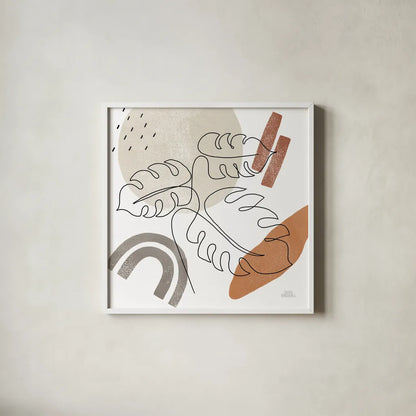 Terracotta Tropics I by Laura Marshall. Shown in a crisp white glass frame for a clean and minimalist style. Available as an archival giclee rolled canvas, fine art paper, or poster print. SKU 56530a.