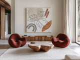 Terracotta Tropics I by Laura Marshall. Shown as extra-large giant wall art in a modern living room. Available as an archival giclee rolled canvas, fine art paper, or poster print. SKU 56530a.
