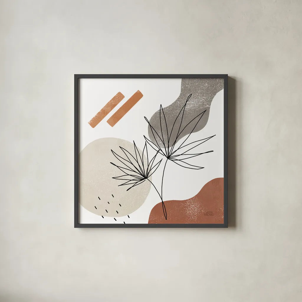 Terracotta Tropics II by Laura Marshall. Shown in a sleek black glass frame for a contemporary gallery look. Available as an archival giclee rolled canvas, fine art paper, or poster print. SKU 56531a.