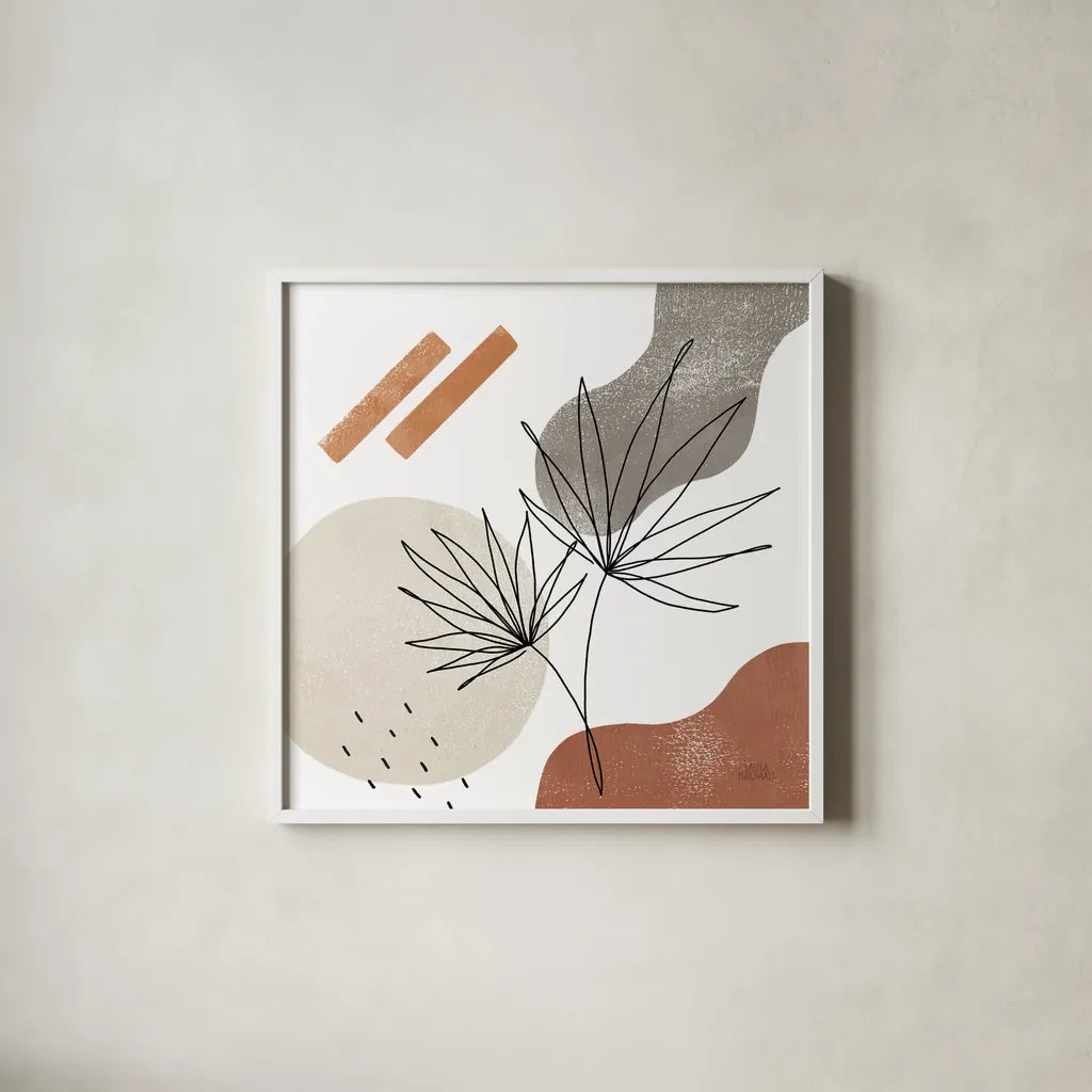 Terracotta Tropics II by Laura Marshall. Shown in a crisp white glass frame for a clean and minimalist style. Available as an archival giclee rolled canvas, fine art paper, or poster print. SKU 56531a.