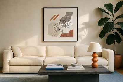 Terracotta Tropics II by Laura Marshall. Displayed in a glass frame with matte in a clean modern living room. Available as an archival giclee rolled canvas, fine art paper, or poster print. SKU 56531a.