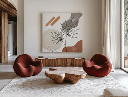 Terracotta Tropics II by Laura Marshall. Shown as extra-large giant wall art in a modern living room. Available as an archival giclee rolled canvas, fine art paper, or poster print. SKU 56531a.