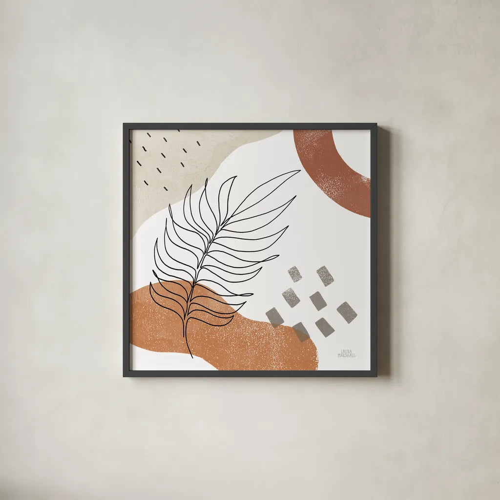 Terracotta Tropics III by Laura Marshall. Shown in a sleek black glass frame for a contemporary gallery look. Available as an archival giclee rolled canvas, fine art paper, or poster print. SKU 56532a.