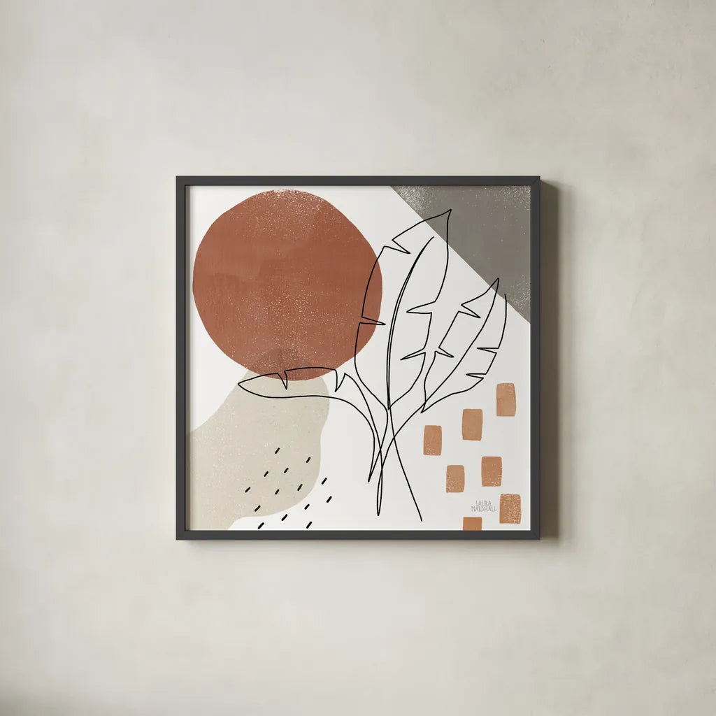 Terracotta Tropics IV by Laura Marshall. Shown in a sleek black glass frame for a contemporary gallery look. Available as an archival giclee rolled canvas, fine art paper, or poster print. SKU 56533a.