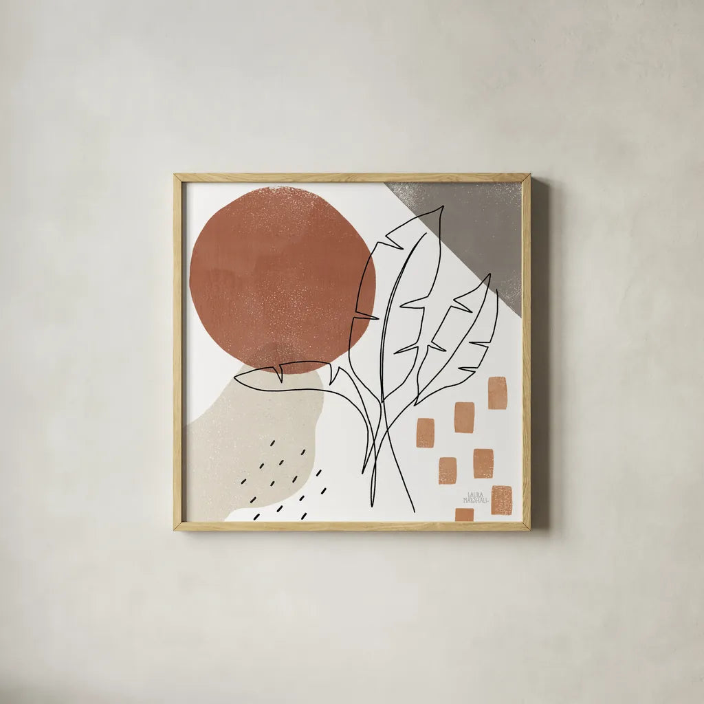 Terracotta Tropics IV by Laura Marshall. Shown in a natural wood glass frame for a timeless modern aesthetic. Available as an archival giclee rolled canvas, fine art paper, or poster print. SKU 56533a.