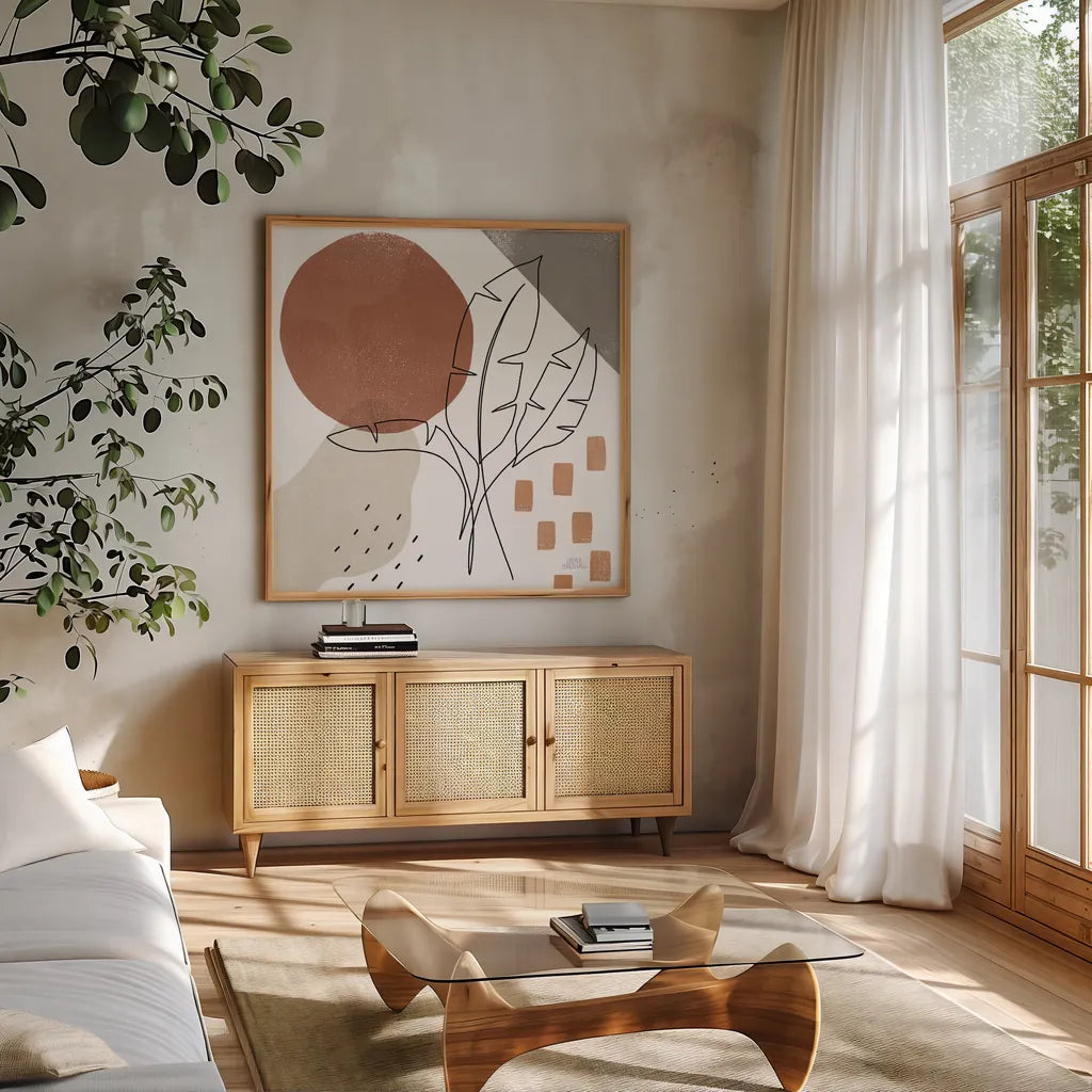 Terracotta Tropics IV by Laura Marshall. Shown in a natural wood frame in a cozy modern living room. Available as an archival giclee rolled canvas, fine art paper, or poster print. SKU 56533a.