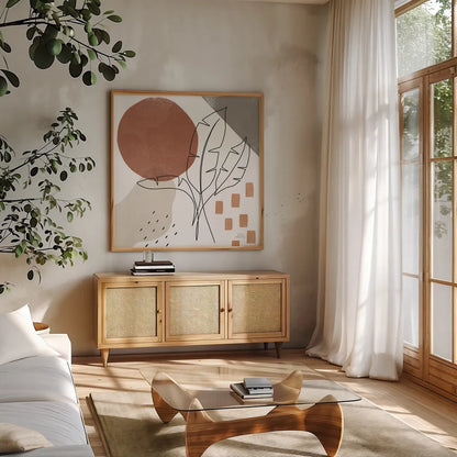 Terracotta Tropics IV by Laura Marshall. Shown in a natural wood frame in a cozy modern living room. Available as an archival giclee rolled canvas, fine art paper, or poster print. SKU 56533a.