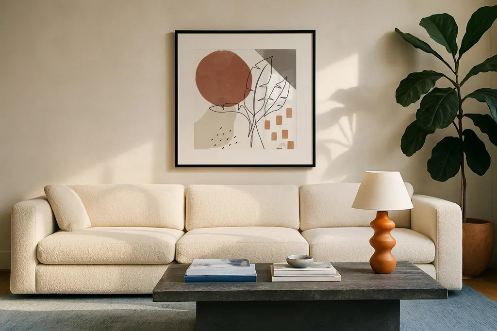 Terracotta Tropics IV by Laura Marshall. Displayed in a glass frame with matte in a clean modern living room. Available as an archival giclee rolled canvas, fine art paper, or poster print. SKU 56533a.