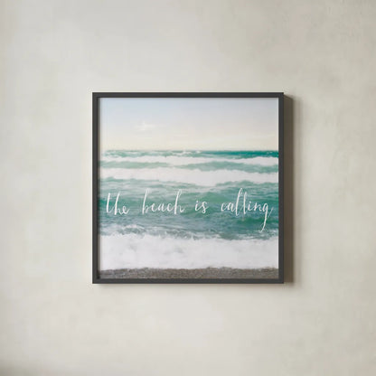 The Beach is Calling by Laura Marshall. Shown in a sleek black glass frame for a contemporary gallery look. Available as an archival giclee rolled canvas, fine art paper, or poster print. SKU 21117a.