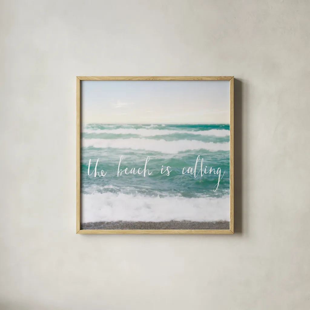 The Beach is Calling by Laura Marshall. Shown in a natural wood glass frame for a timeless modern aesthetic. Available as an archival giclee rolled canvas, fine art paper, or poster print. SKU 21117a.