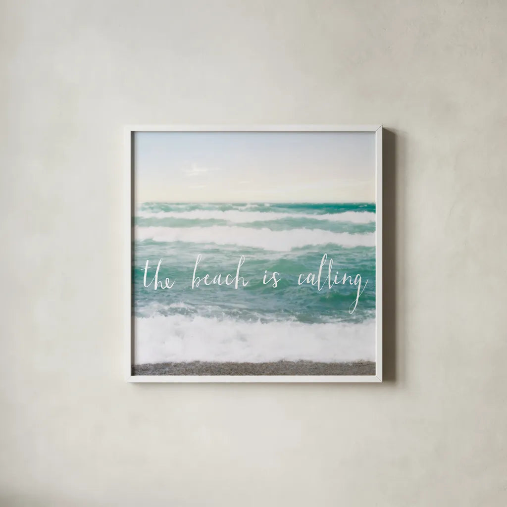 The Beach is Calling by Laura Marshall. Shown in a crisp white glass frame for a clean and minimalist style. Available as an archival giclee rolled canvas, fine art paper, or poster print. SKU 21117a.