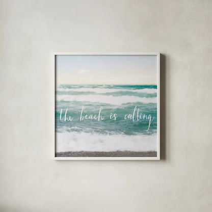 The Beach is Calling by Laura Marshall. Shown in a crisp white glass frame for a clean and minimalist style. Available as an archival giclee rolled canvas, fine art paper, or poster print. SKU 21117a.