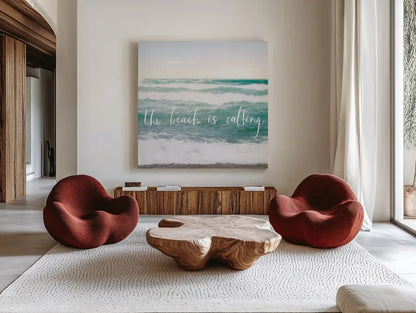 The Beach is Calling by Laura Marshall. Shown as extra-large giant wall art in a modern living room. Available as an archival giclee rolled canvas, fine art paper, or poster print. SKU 21117a.