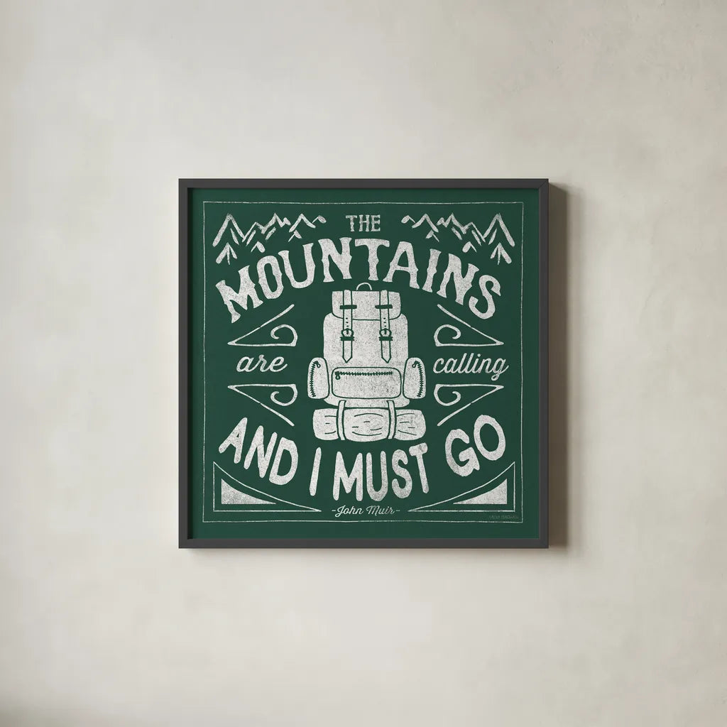 The Great Outdoors IX Forest Green by Laura Marshall. Shown in a sleek black glass frame for a contemporary gallery look. Available as an archival giclee rolled canvas, fine art paper, or poster print. SKU 63504a.