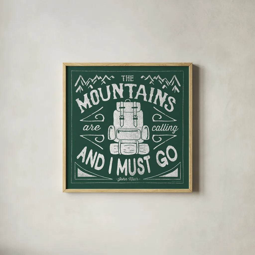 The Great Outdoors IX Forest Green by Laura Marshall. Shown in a natural wood glass frame for a timeless modern aesthetic. Available as an archival giclee rolled canvas, fine art paper, or poster print. SKU 63504a.