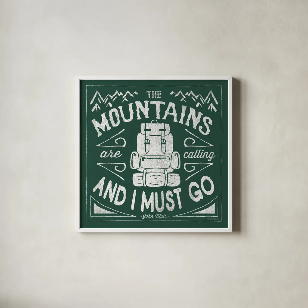 The Great Outdoors IX Forest Green by Laura Marshall. Shown in a crisp white glass frame for a clean and minimalist style. Available as an archival giclee rolled canvas, fine art paper, or poster print. SKU 63504a.